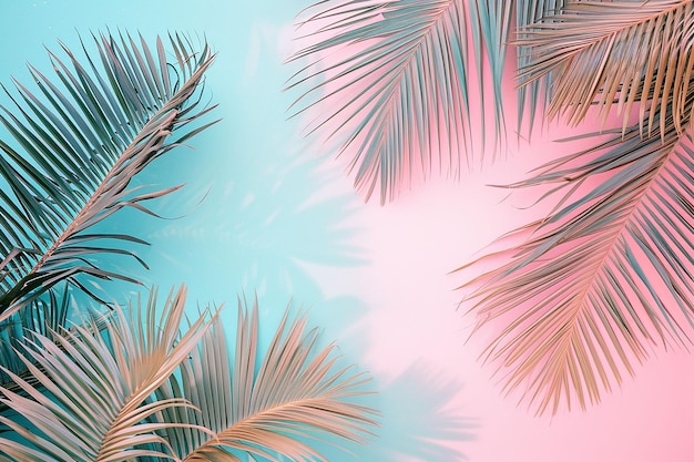 Foto hojas de palmeras tropicales sobre fondo rosa pastel y azul concepto de verano