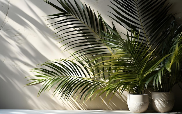 Hojas de palmeras tropicales con sombras sobre fondo tropical borroso abstracto de muro de hormigón blanco