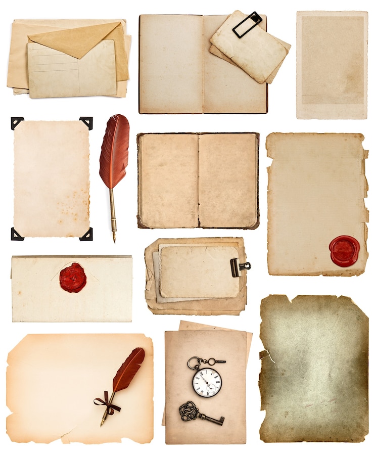 Foto hojas de papel antiguo páginas de libros vintage tarjetas fotos piezas aislado fondo blanco.