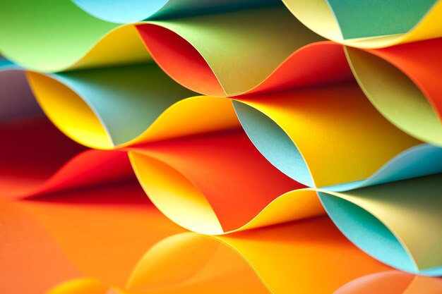 Hojas de papel de colores curvas con reflejos de espejo