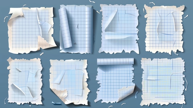 Hojas de papel rasgadas y restos con cuadrícula cuadrada y patrón a rayas Viejo cuaderno en blanco y páginas de cuaderno modernas ilustración realista