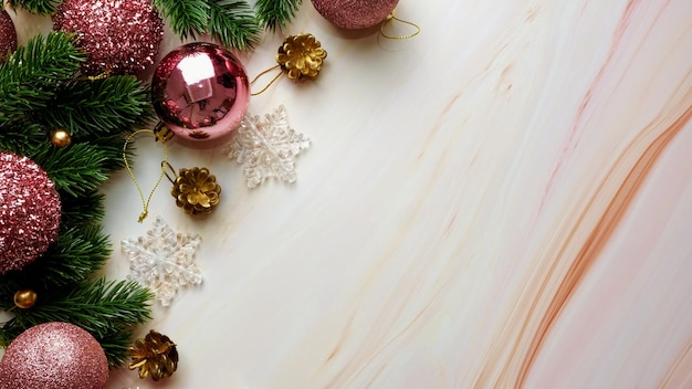 Hojas de pino verde, adornos navideños rosas y bastones de caramelo sobre fondo de mármol suave, adornos navideños en color rosa brillante y elegante. Concepto de navidad simple y creativo.