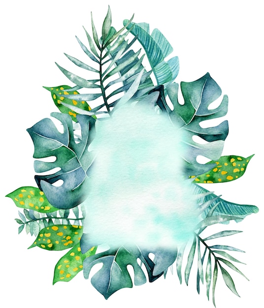 Hojas de plátano brillantes, palma monstera y otras plantas tropicales Marco de acuarela con hojas tropicales y mancha de acuarelas plantilla para texto