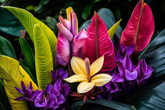 Foto hojas de plátano con flores de colores