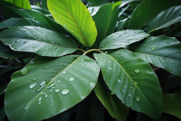 Hojas de plátano con gotas de agua