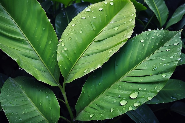 Hojas de plátano con gotas de agua