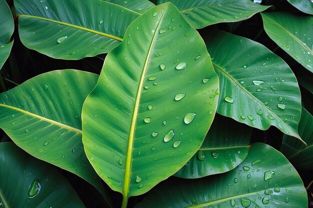 Hojas de plátano con gotas de agua