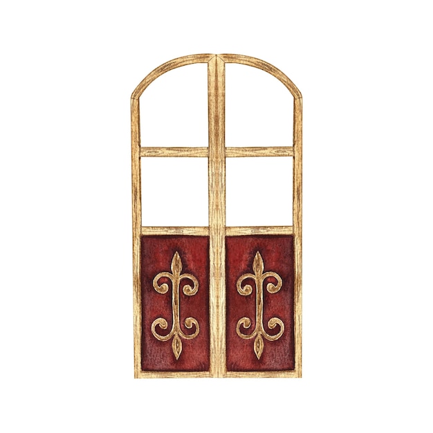 Las hojas de la puerta arqueada Puerta de madera antigua Ilustración a acuarela hecha a mano