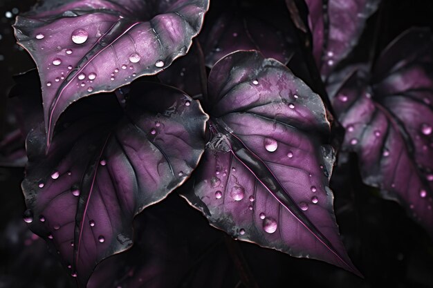 Hojas púrpuras con gotas de agua en primer plano de fondo oscuro