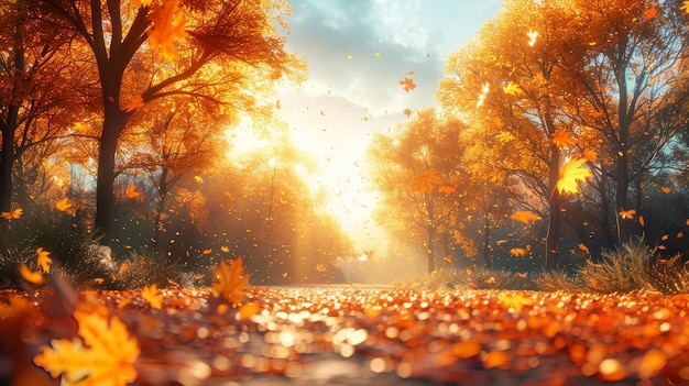 Las hojas que caen en el parque y los árboles amarillos un hermoso paisaje de otoño con árboles amarillos y sol follaje colorido en el parque