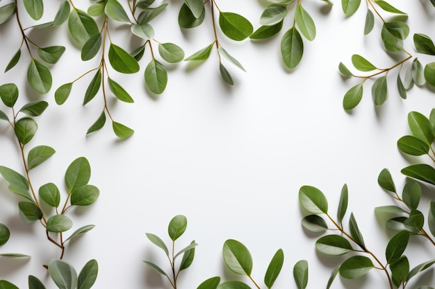 Hojas y ramas verdes frescas sobre un fondo blanco foto de stock natural para proyectos creativos