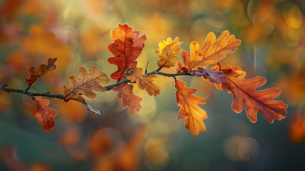 Hojas de roble de otoño en una rama con fondo bokeh