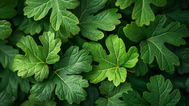 Hojas de roble verdes en el telón de fondo con una buena vista borrosa desde la parte superior AI generativa