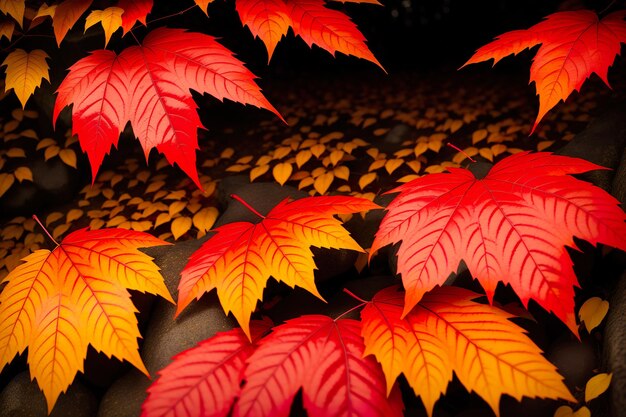 Foto hojas rojas y amarillas en otoño.