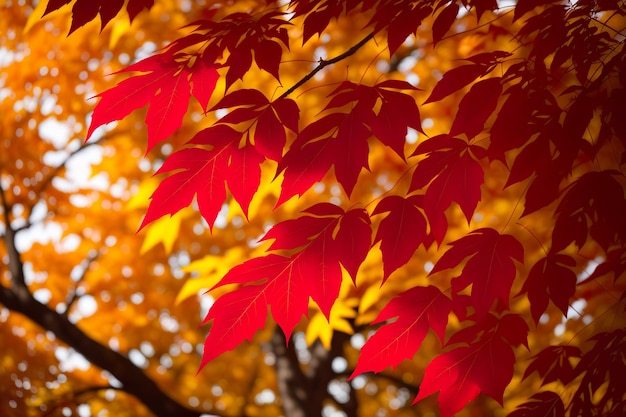 Hojas rojas y amarillas en otoño.