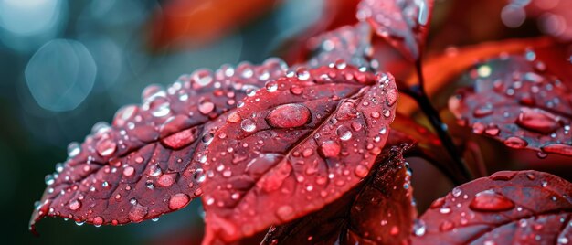 Hojas rojas con gotas brillantes