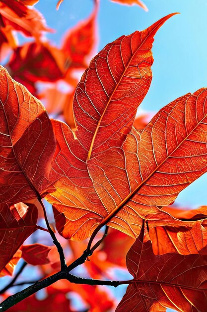 Hojas rojas de otoño en el fondo del cielo azul hermosa escena de la naturaleza