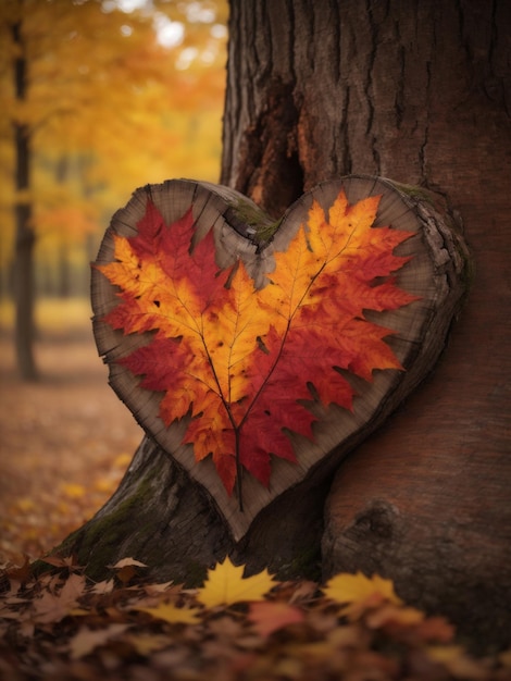 hojas rojas de otoño en forma de corazón junto a un árbol