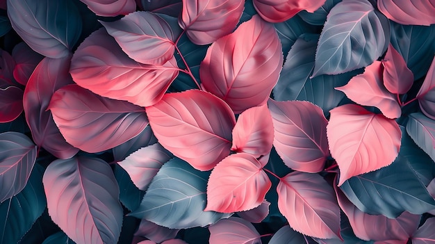 Hojas rosadas en el fondo, un primer plano colorido de las hojas de las plantas.