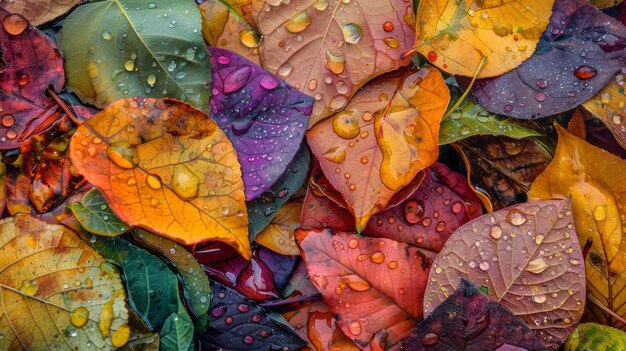 Hojas salpicadas de lluvia en una variedad de tonos vibrantes que muestran la resiliencia y la belleza de la naturaleza bajo la lluvia