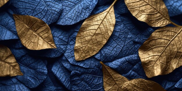 Hojas secas doradas y azules Superficie con textura de fondo realismo realista hiperrealista Imagen generativa de IA weber