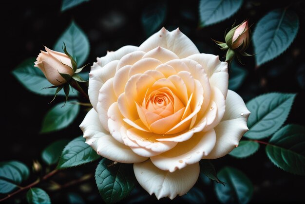 Hojas secas con flores de rosa blanca de cerca