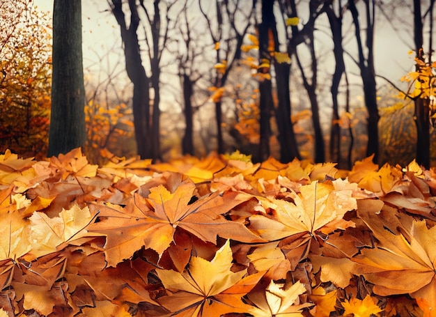 Hojas secas de otoño caídas en el suelo rodeadas de árboles altos