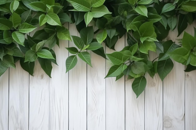 Hojas sobre fondo blanco de madera Ai generativo