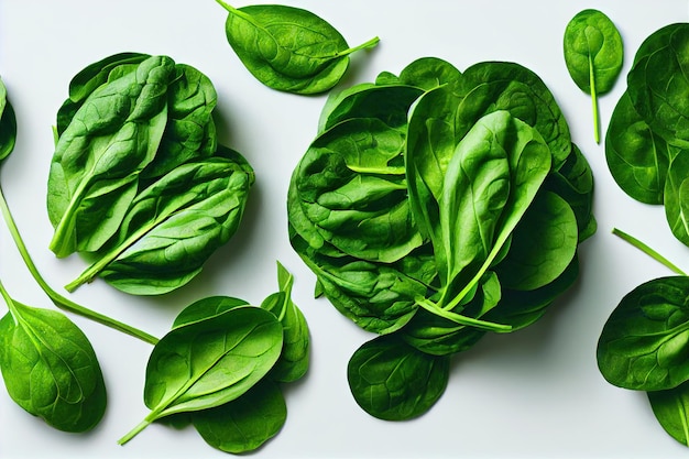 Hojas suavemente verdes de espinacas dietéticas saludables sobre fondo gris claro