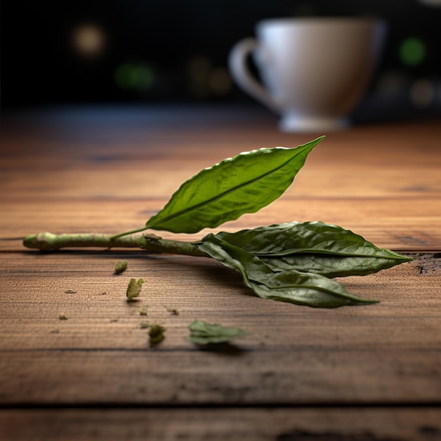 Unas hojas de té en la mesa