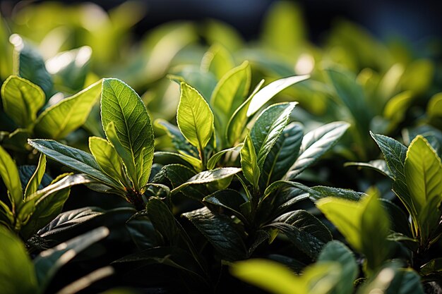 Hojas de té en primer plano con hojas de té