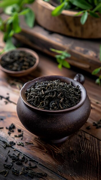 Foto hojas de té verde frescas en un cuenco de madera con cuchara