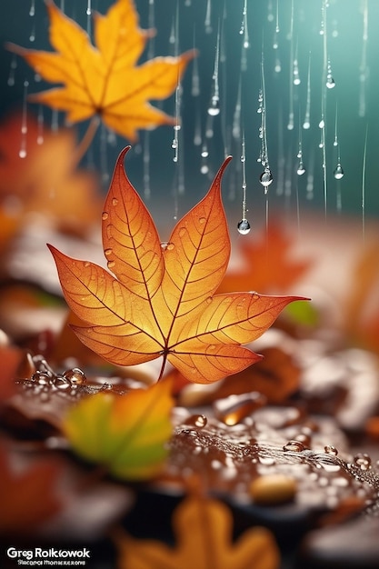 hojas de la temporada de otoño con lluvia escena de plantas de otoño