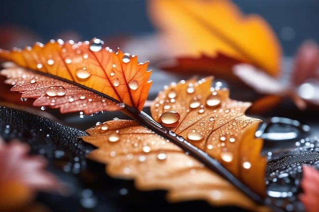 hojas de la temporada de otoño con lluvia escena de plantas de otoño