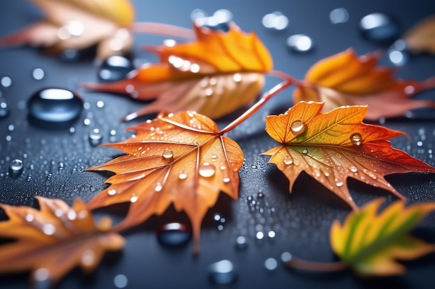 hojas de la temporada de otoño con lluvia escena de plantas de otoño