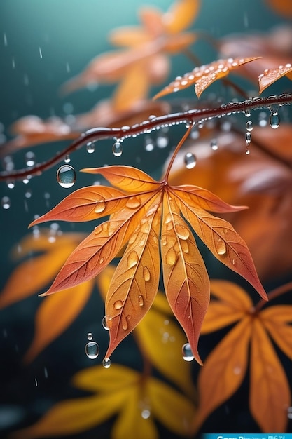 hojas de la temporada de otoño con lluvia escena de plantas de otoño