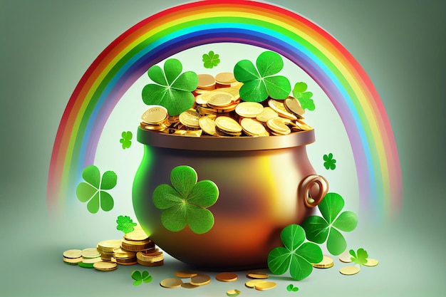 Hojas de trébol y arco iris Banner con olla de monedas de oro Ilustración del concepto del día de San Patricio