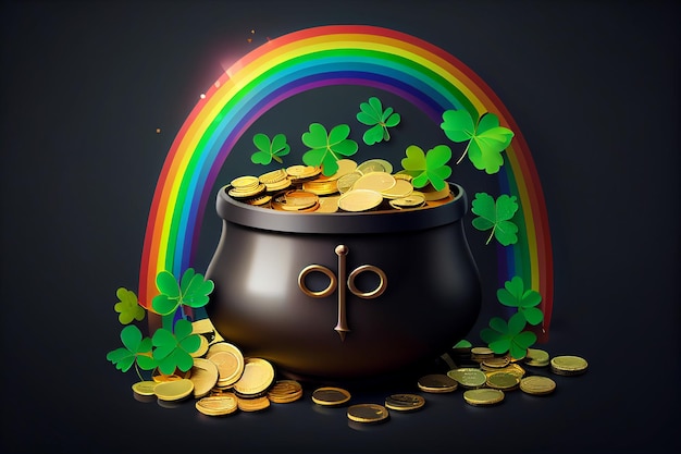 Hojas de trébol y arco iris Banner con olla de monedas de oro Ilustración del concepto del día de San Patricio