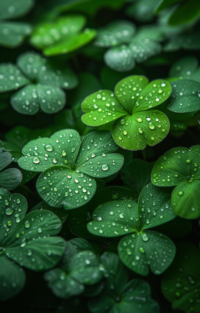 Hojas de trébol verde con gotas de rocío temprano en la mañana