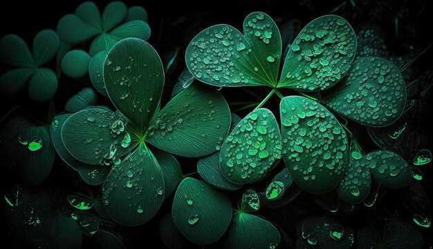 Hojas de trébol verde oscuro mojadas con fondo de trébol cambiante de lluvia Generar Ai