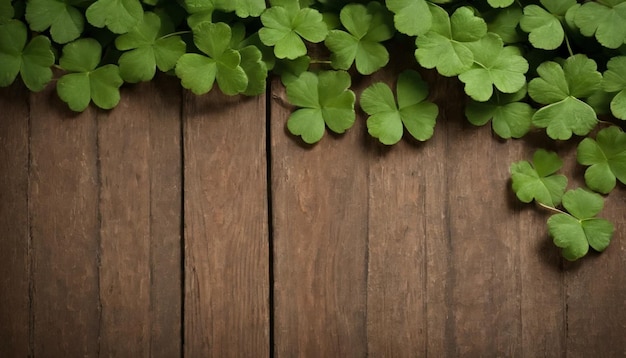 Hojas de trébol verdes en un fondo de madera Día de San Patricio Copiar espacio vacaciones de cerveza