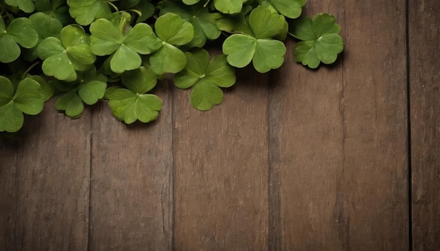 Hojas de trébol verdes en un fondo de madera Día de San Patricio Copiar espacio vacaciones de cerveza