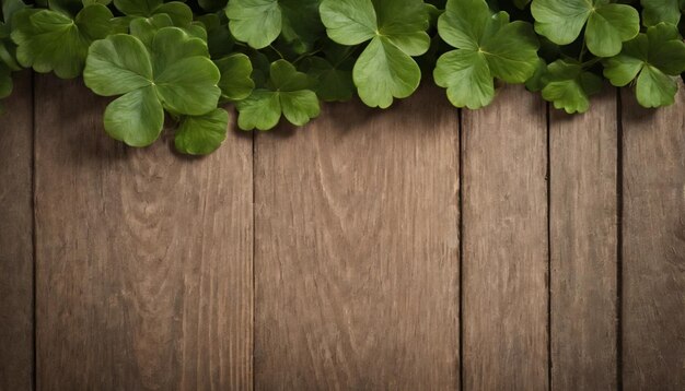 Hojas de trébol verdes en un fondo de madera Día de San Patricio Copiar espacio vacaciones de cerveza