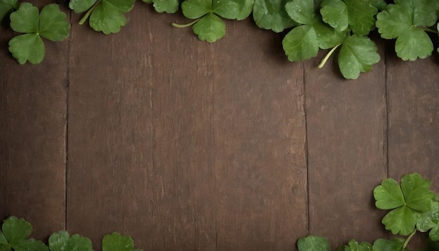 Hojas de trébol verdes en un fondo de madera Día de San Patricio Copiar espacio vacaciones de cerveza