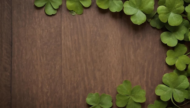 Hojas de trébol verdes en un fondo de madera Día de San Patricio Copiar espacio vacaciones de cerveza