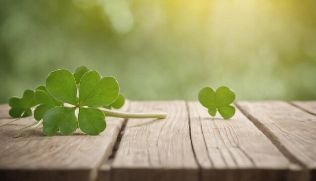 Hojas de trébol verdes en un fondo de madera Día de San Patricio Copiar espacio vacaciones de cerveza