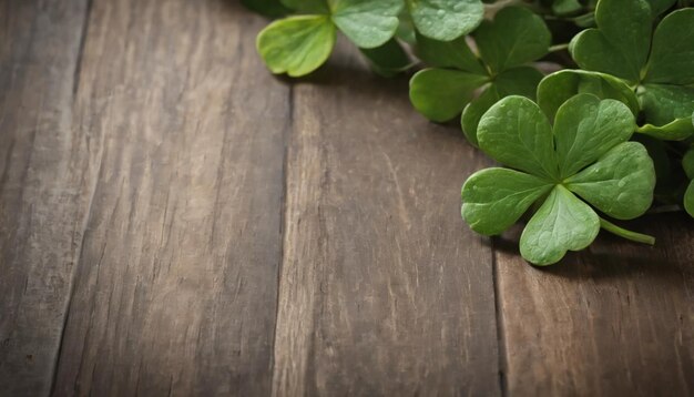 Hojas de trébol verdes en un fondo de madera Día de San Patricio Copiar espacio vacaciones de cerveza