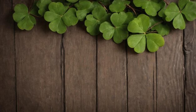 Hojas de trébol verdes en un fondo de madera Día de San Patricio Copiar espacio vacaciones de cerveza