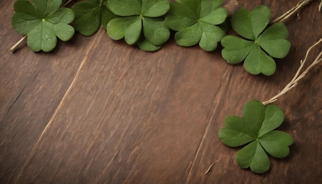 Hojas de trébol verdes en un fondo de madera Día de San Patricio Copiar espacio vacaciones de cerveza