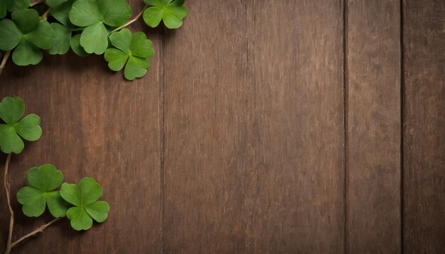 Hojas de trébol verdes en un fondo de madera Día de San Patricio Copiar espacio vacaciones de cerveza